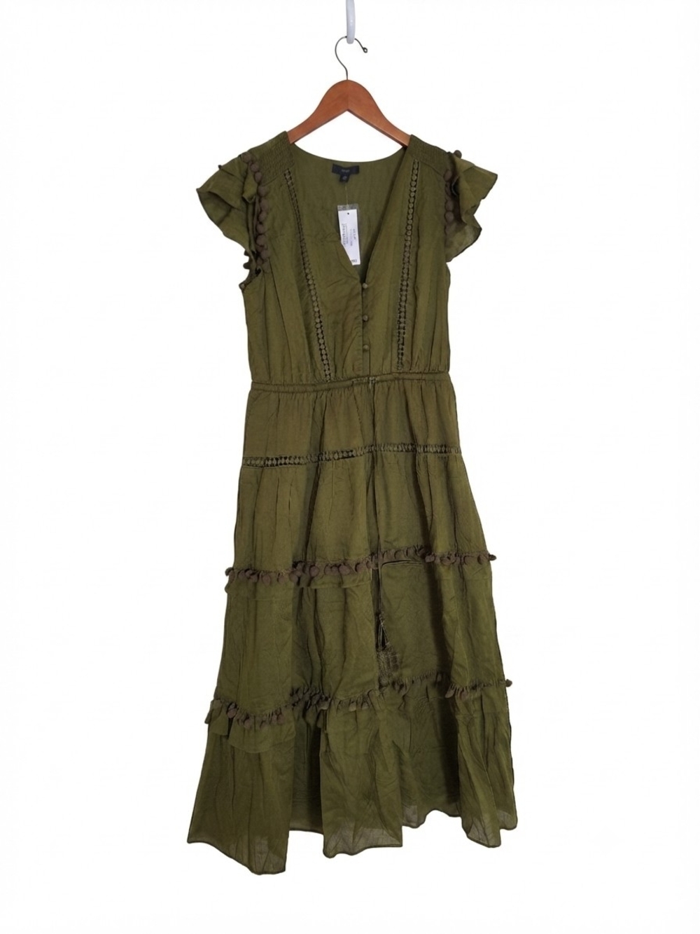 NWT J.Crew Women's Olive Green Tiered Flutter Sleeve Midi Dress Size 10